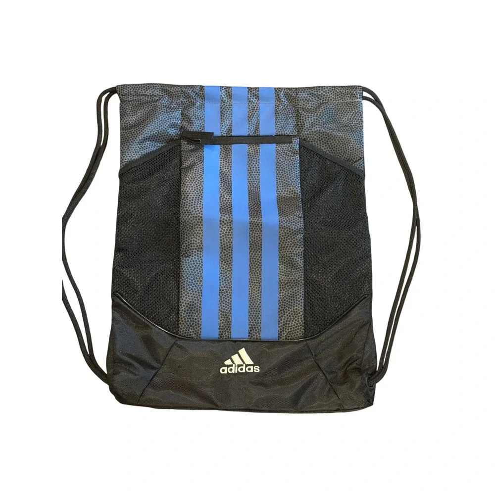 Adidas Drawstring Cinch Bag Black Blue Three Stripes Basketball Mesh Sackpack